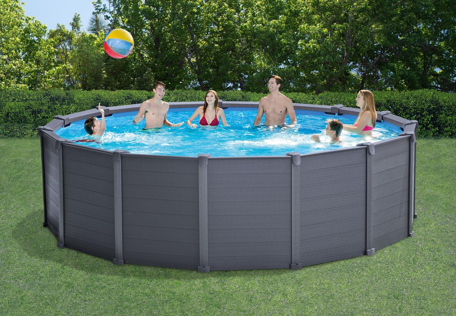 Каркасный бассейн Intex 26382, 478х124см "Graphite Gray Panel" 16805л, песочный фильтр-насос, лестница, тент, подстилка
