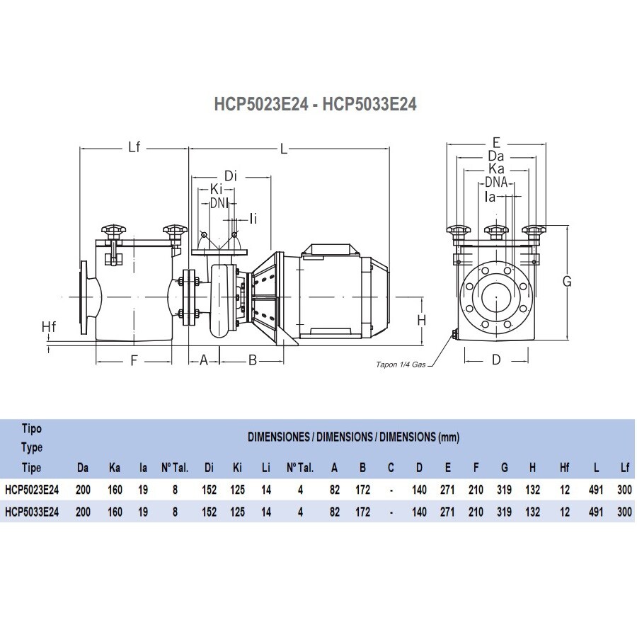 Насос Hayward HCP50553E7 (380V, пф, 55m3/h*14m, 4kW, 5HP) кор. чугун\крыл. бронза, фланец 125\100 фото 3