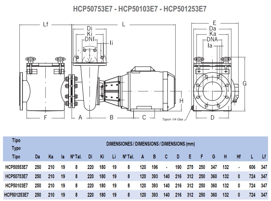 Насос Hayward HCP50753E7 (380V, пф, 81m3/h*14m, 5,5kW, 7,5HP) кор. чугун\крыл.бронза, фланец 125\100 фото 3